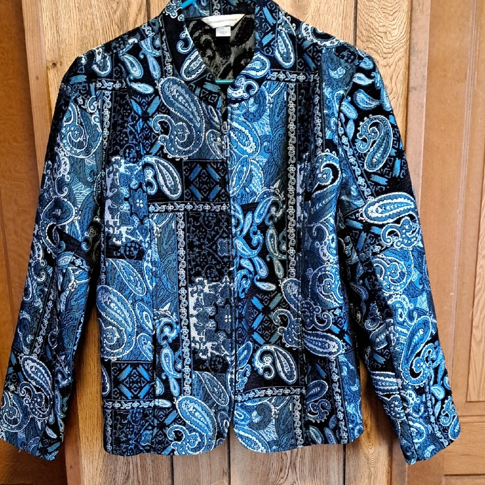 Christopher & Banks Blue and Black Paisley Blazer Zip-Up Size L Manderin Collar